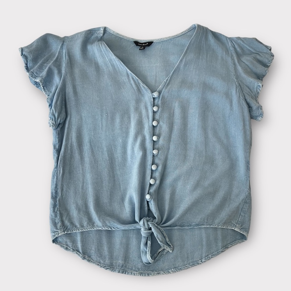 Cropped Button-up Ruffled Sleeve Top Sz L